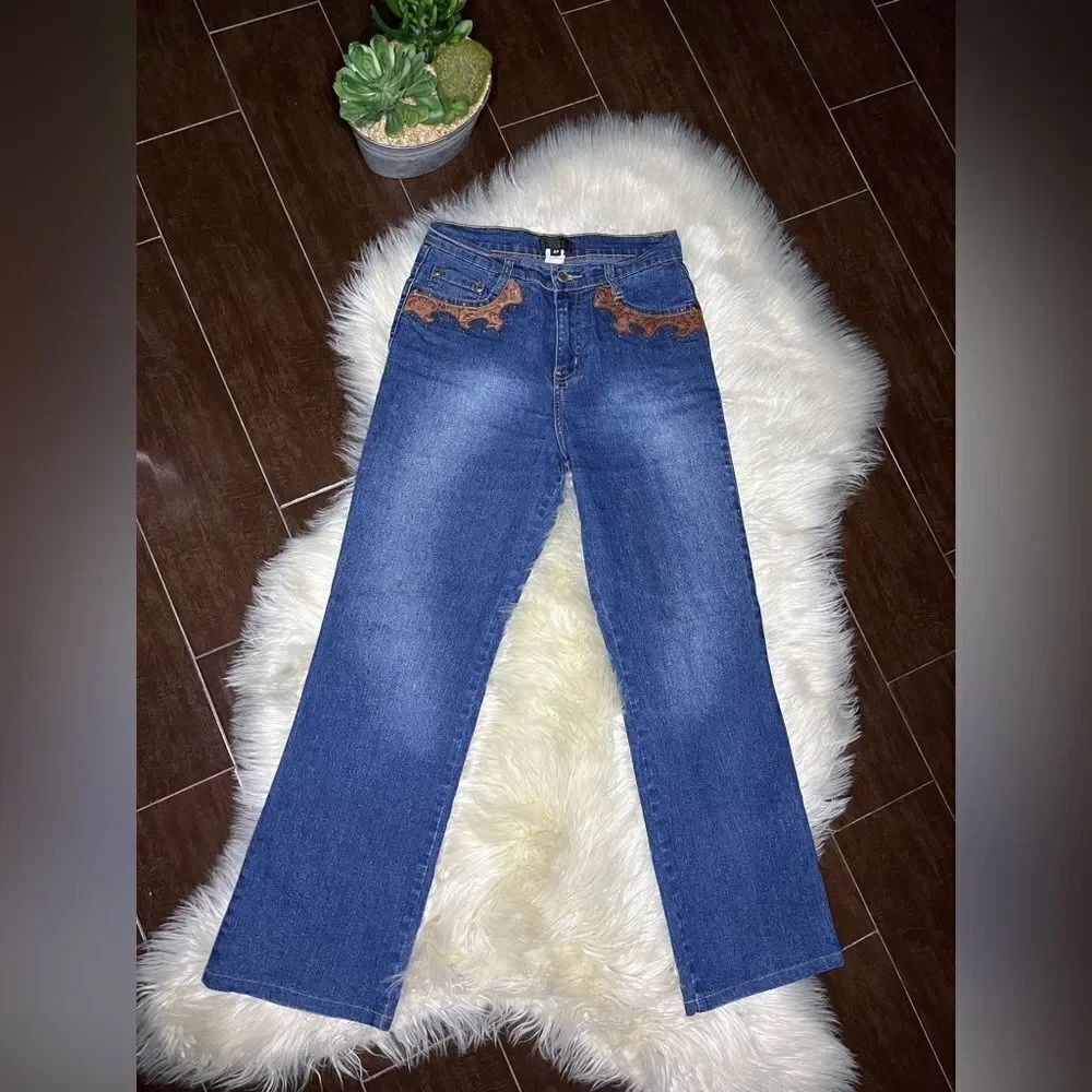 Isabel Flare Wide Leg blue Jeans with leather detailing sz 4P